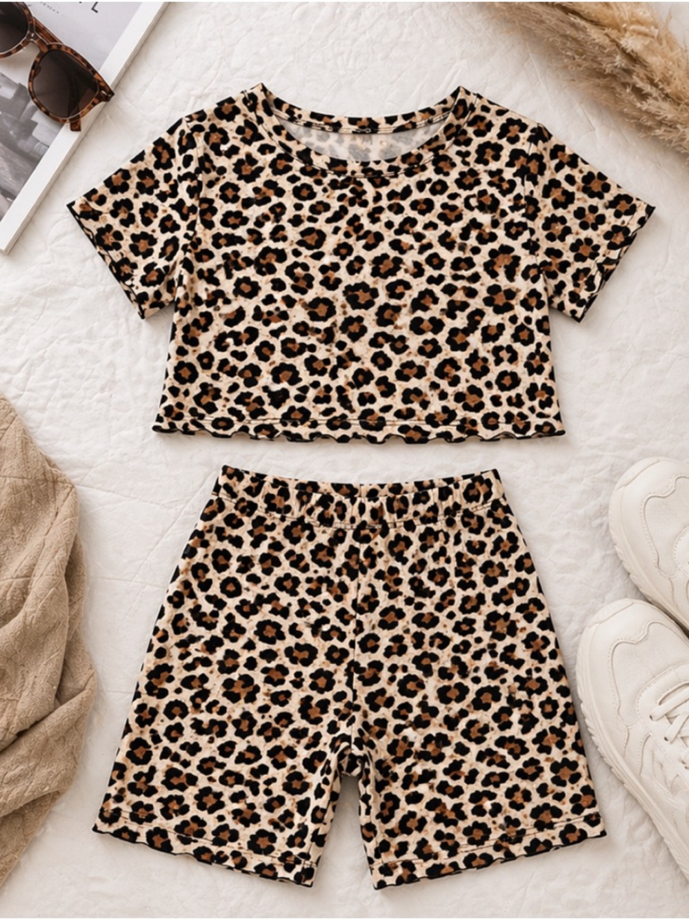 Le Lis Leopard Print Bike Shorts Set - Black, Brown, Cream